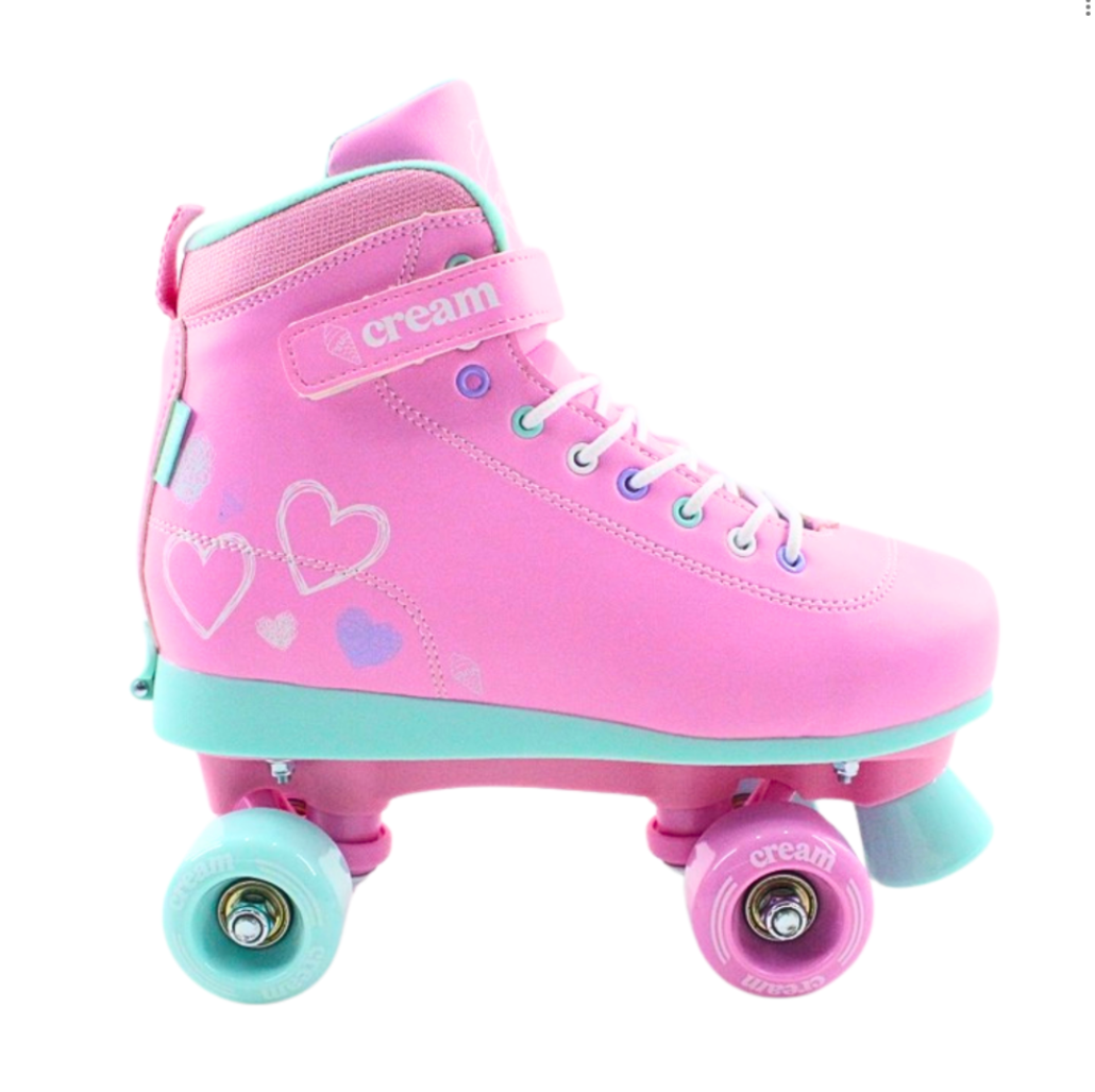 CREAM Scoop Quad Roller Skates, Adjustable - Hearts, Pink/Teal
